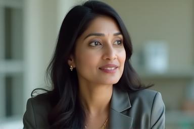Professional still frame from a video interview featuring Dr. Anya Sharma discussing sustainable development